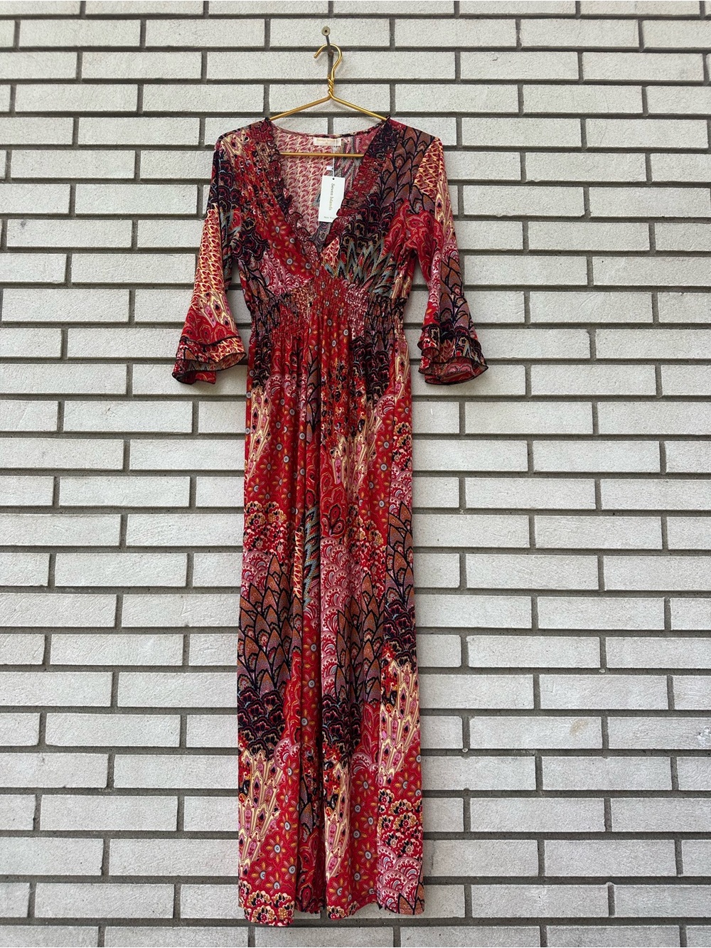 Seven Islands XL Boho Paisley Patchwork Smocked Waist Bell Sleeve Maxi Dress